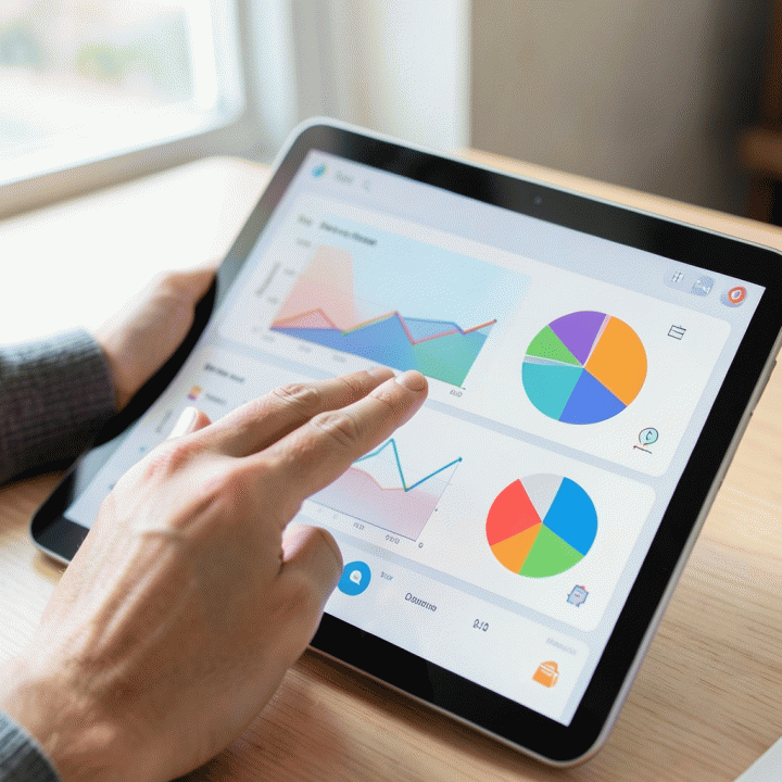Tangan sedang menganalisis dashboard analitik e-commerce yang abstrak dan berwarna di tablet.