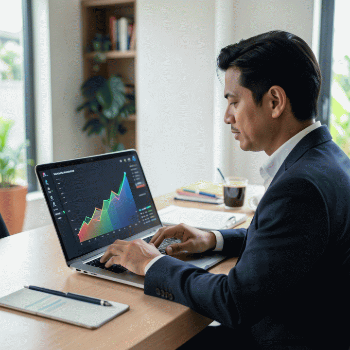 Seorang pengusaha Indonesia yang sukses sedang menganalisis data pertumbuhan bisnis di laptop, menunjukkan strategi pemasaran digital yang terarah.