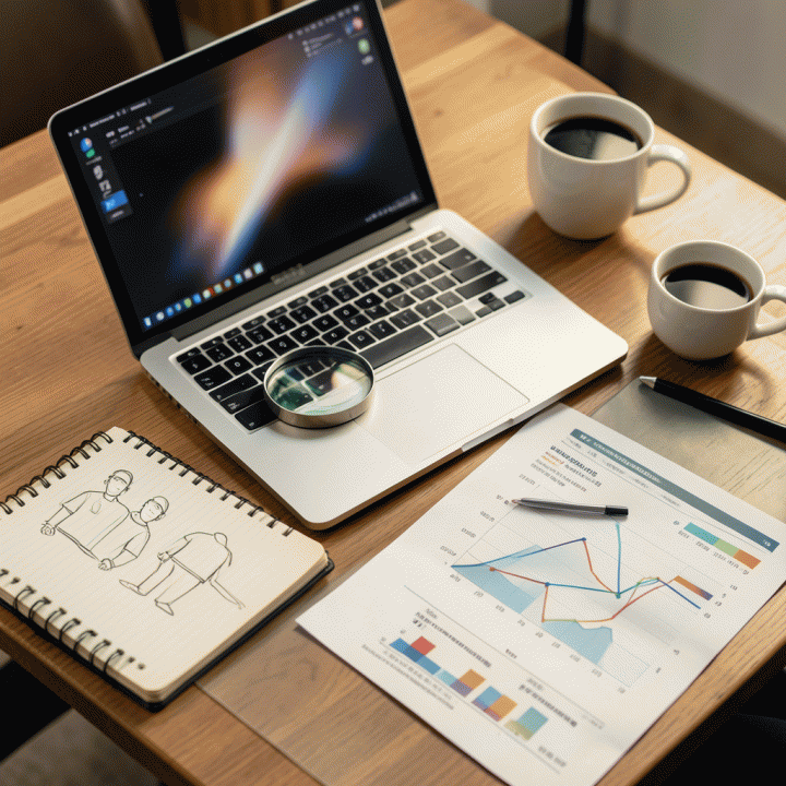 Meja kerja yang menampilkan perpaduan antara data digital dan proses analisis manual, melambangkan optimasi copywriting berbasis data.