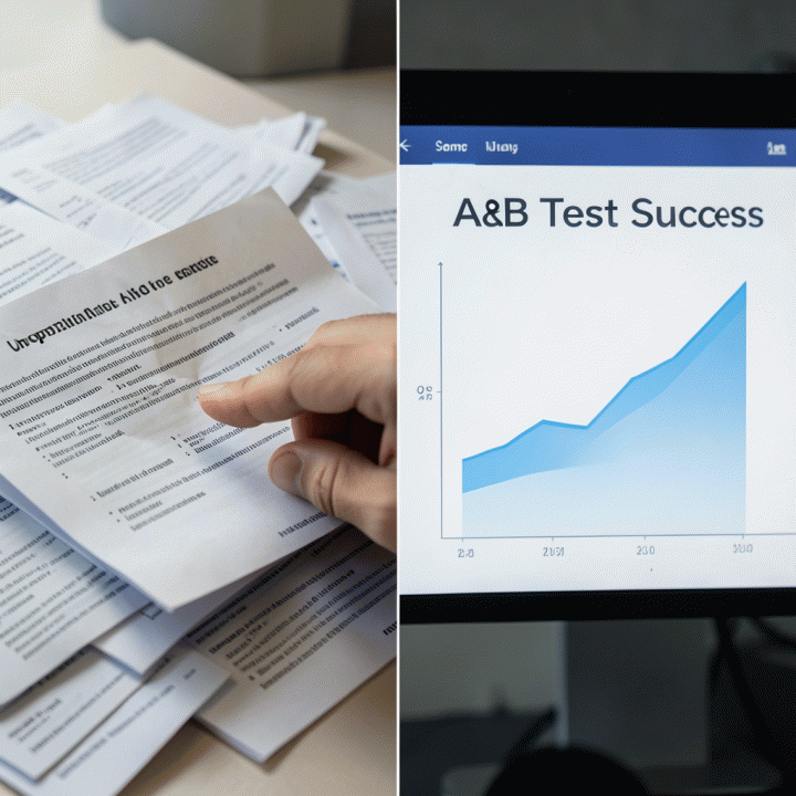 Perbandingan antara data iklan yang berantakan dengan dashboard hasil A/B testing yang menunjukkan peningkatan performa.