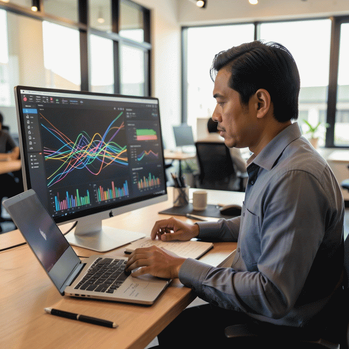 Seorang profesional pemasaran digital yang fokus menganalisis data kompleks dan pola pasar di layar monitor, menunjukkan proses menemukan insight iklan yang unggul.