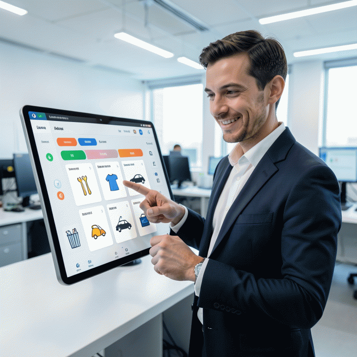 Seorang manajer bisnis yang menggunakan dashboard digital untuk memantau inventaris dan jadwal sewa secara real-time.