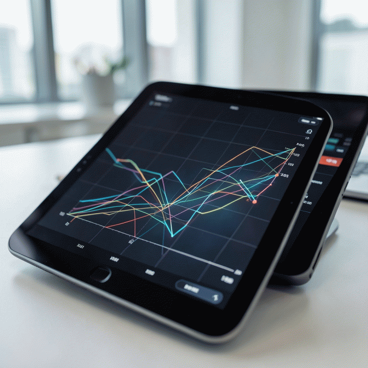 Tampilan tablet yang menunjukkan grafik harga dinamis yang kompleks, melambangkan optimasi harga sewa berbasis data.