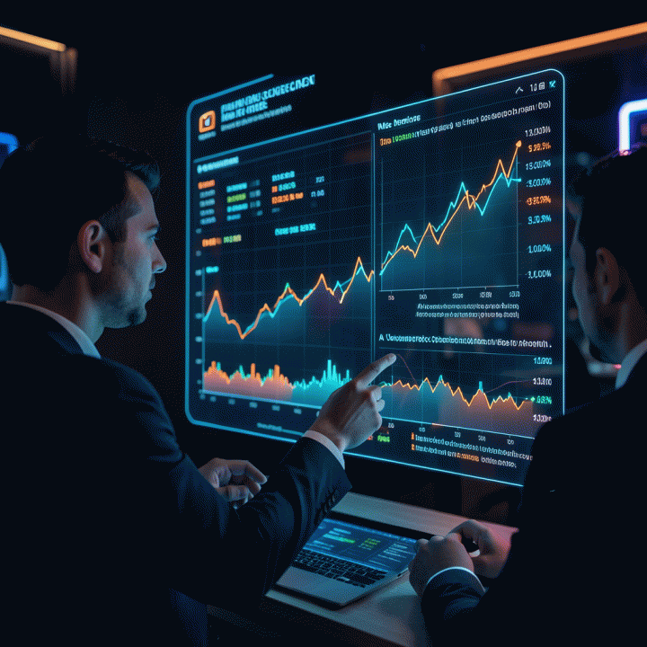 Seorang penjual e-commerce menganalisis data harga dan tren pasar produk Shopee menggunakan antarmuka AI holografik.