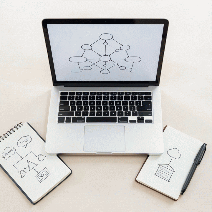 Tampilan atas (flat lay) meja kerja yang berisi laptop dengan peta strategi konten dan alat tulis, melambangkan perencanaan konten yang terarah.