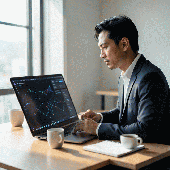 Seorang eksekutif profesional Indonesia di ruang kerja modern yang fokus menganalisis data dan strategi konten di laptop, melambangkan optimasi visibilitas AI.