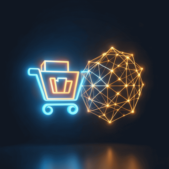 Ilustrasi konseptual tentang integrasi kecerdasan buatan (AI) dengan platform e-commerce, menunjukkan proses optimasi konten yang canggih.