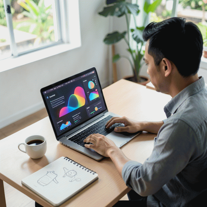 Seorang pemilik usaha kecil di Indonesia yang sedang bekerja di meja modern, menggunakan laptop untuk mengoptimalkan konten produk dengan bantuan antarmuka AI, menciptakan suasana profesional dan produktif.