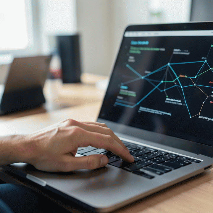 Tangan sedang mengetik di laptop, menunjukkan proses optimasi konten produk secara efisien menggunakan AI tanpa harus melihat teks yang spesifik.