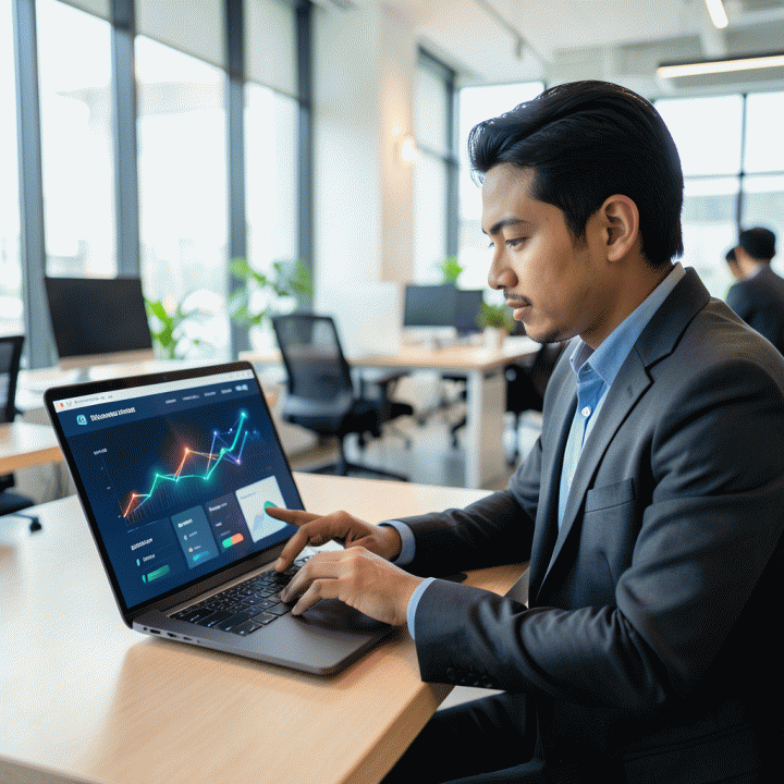 Tangan seorang profesional muda di co-working space yang menunjuk ke landing page konversi tinggi di layar laptop, melambangkan optimasi digital marketing.