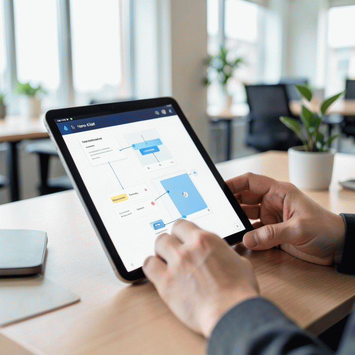 Tangan marketer yang sedang menggunakan alat builder AI pada tablet, menunjukkan kemudahan dan kecepatan dalam menyusun landing page tanpa perlu banyak usaha.