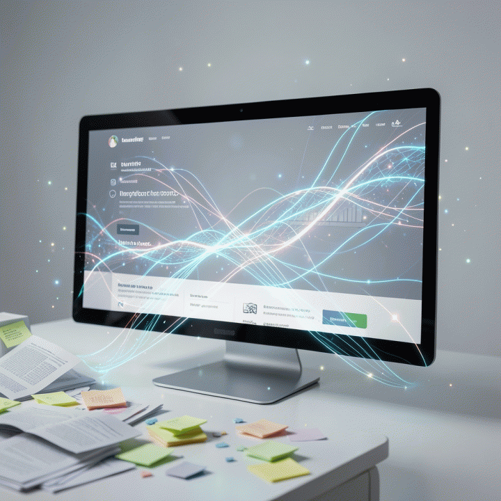 Visualisasi konseptual transformasi dari ide yang berantakan menjadi landing page yang terstruktur dan optimal berkat optimasi digital.