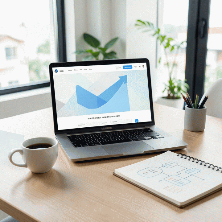 Ilustrasi profesional workspace dengan laptop yang menampilkan desain landing page konversi tinggi, melambangkan optimasi digital marketing.