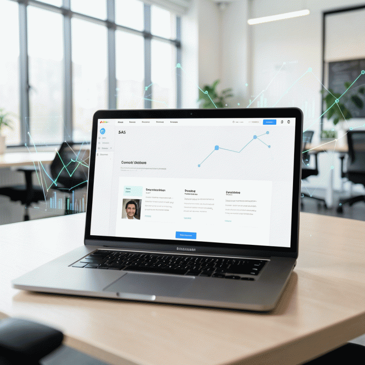 Tampilan landing page SaaS yang sangat terstruktur dan minimalis di laptop, menunjukkan alur konversi yang optimal dan modern di lingkungan kerja yang profesional.