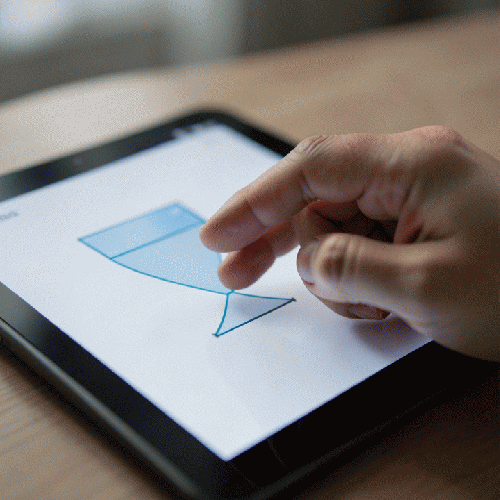 Tangan yang berinteraksi dengan diagram alur konversi di tablet, melambangkan optimalisasi funnel.