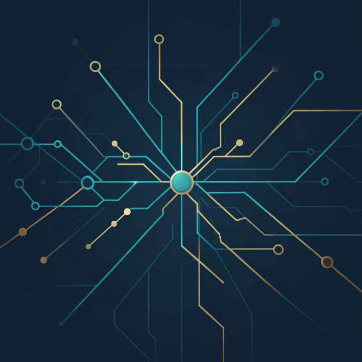 Diagram abstrak jaringan data dan node yang saling terhubung, melambangkan peningkatan visibilitas di mesin pencari AI.
