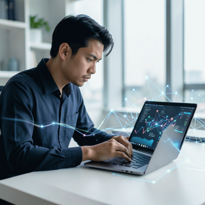 Seorang profesional muda Indonesia yang fokus bekerja di laptop di kantor modern, dikelilingi visualisasi data dan jaringan AI yang abstrak, melambangkan strategi optimasi digital.