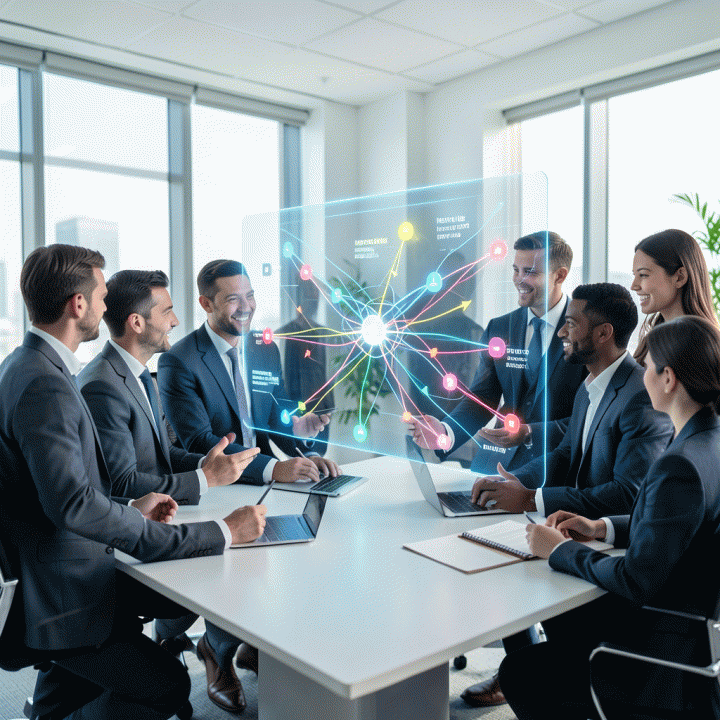 Tim manajer pemasaran dan pemilik bisnis berdiskusi di ruangan modern di depan visualisasi hologram data media mix yang kompleks, menunjukkan alokasi anggaran iklan yang optimal dan terintegrasi.