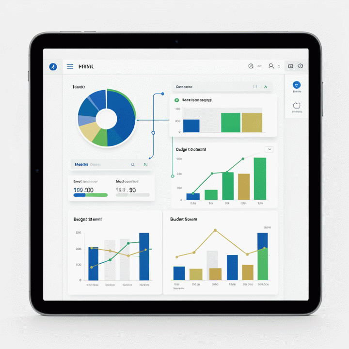 Tampilan abstrak dashboard data digital yang menunjukkan visualisasi grafik dan metrik optimalisasi anggaran pemasaran.