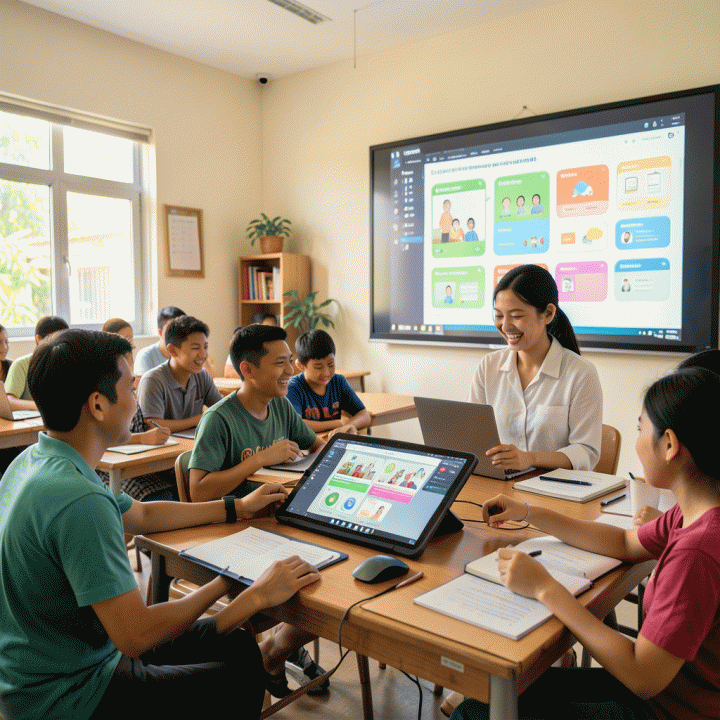 Seorang guru dan para siswa Indonesia yang berinteraksi secara aktif dalam ruang kelas modern, menggunakan media pembelajaran interaktif berbasis teknologi, menunjukkan proses belajar yang kolaboratif dan menyenangkan.