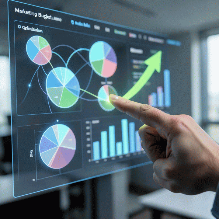 Visualisasi data abstrak menunjukkan pergeseran alokasi anggaran iklan untuk meningkatkan efisiensi dan ROI.