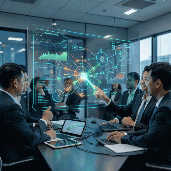 Kelompok profesional pemasaran yang berdiskusi di depan visualisasi data holografik canggih, menunjukkan optimasi dan alokasi anggaran iklan yang strategis.