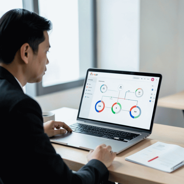 Seorang profesional meninjau dasbor perencanaan pemasaran digital yang menunjukkan strategi bauran iklan yang terstruktur.