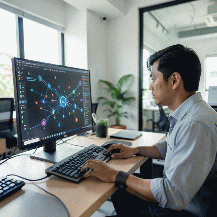 Seorang profesional muda Indonesia bekerja di co-working space modern, berinteraksi dengan antarmuka digital abstrak yang kompleks di layar, melambangkan pengembangan persona AI yang terstruktur.