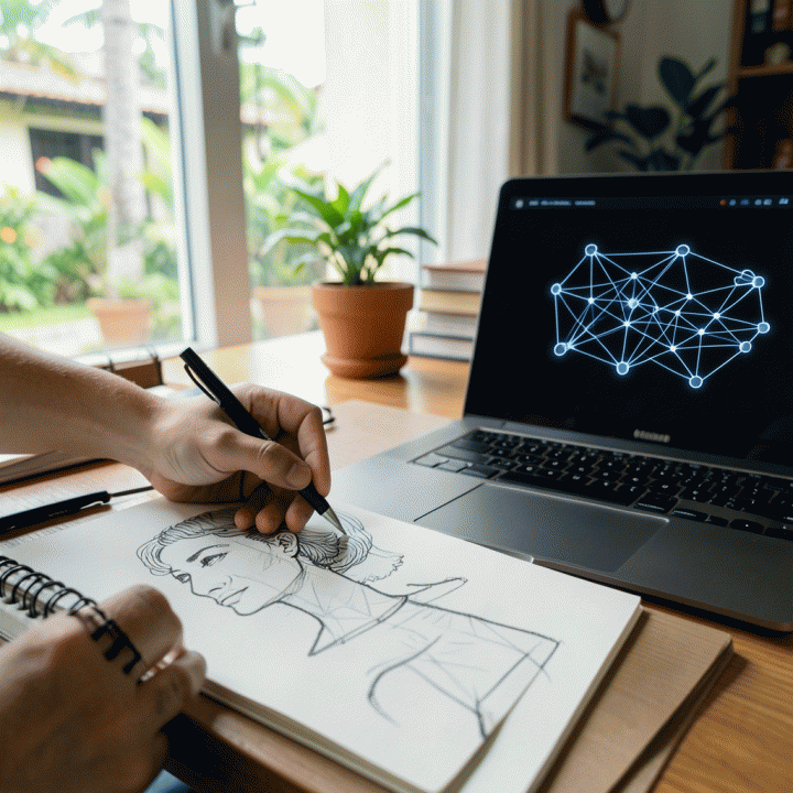 Tangan sedang membuat sketsa profil karakter dan peta psikologis di buku catatan, di samping laptop yang menampilkan node pikiran abstrak, melambangkan pengembangan persona.