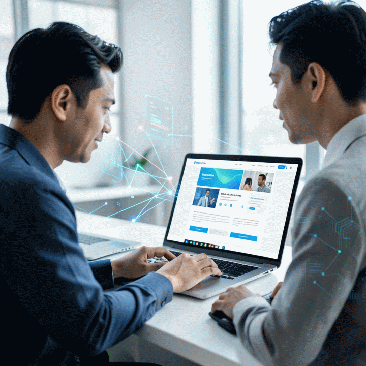 Seorang marketer profesional sedang fokus mengoptimalkan landing page berkonversi tinggi di laptop, melambangkan efisiensi dalam kampanye iklan berbayar.