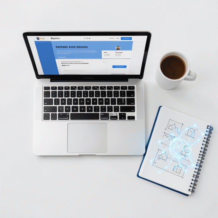Meja kerja yang rapi dengan laptop menampilkan desain sales page yang optimal, dikelilingi alat bantu kerja modern.