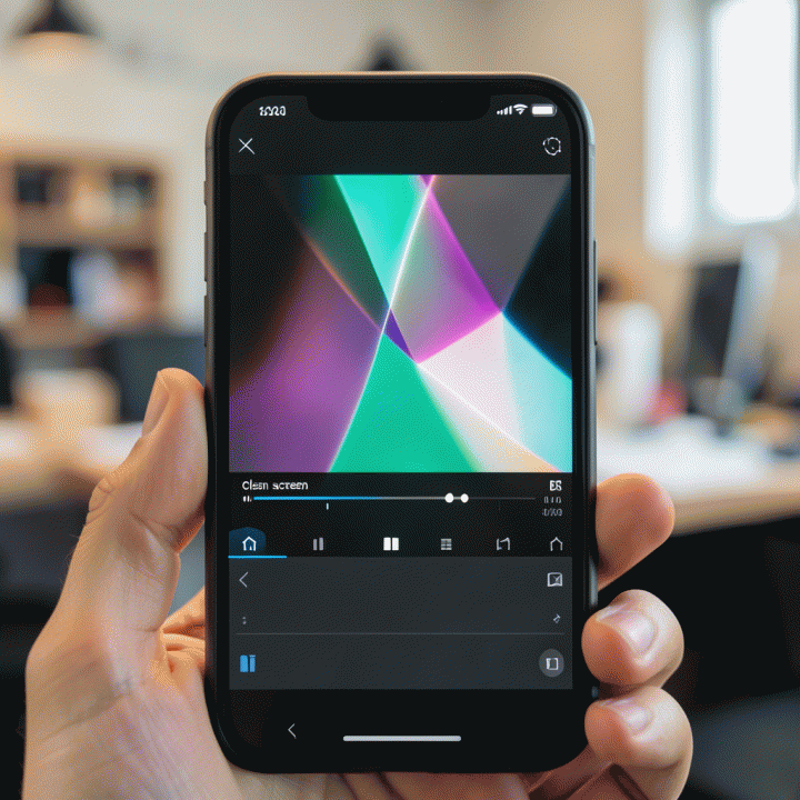 Visualisasi fitur Clean Screen pada aplikasi editing video di ponsel, menunjukkan peningkatan kualitas visual.