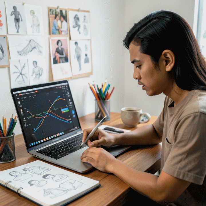 Seorang kreator konten profesional sedang bekerja di depan laptop dengan tema optimalisasi video pendek YouTube Shorts, menunjukkan fokus dan kreativitas tinggi.