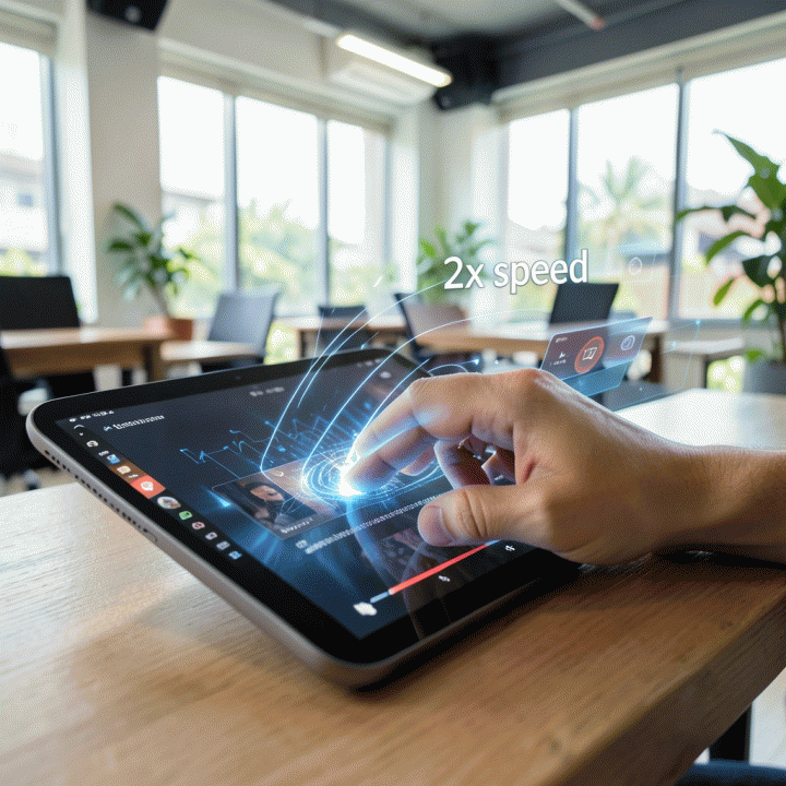Ilustrasi kecepatan video 2x pada proses editing video di tablet, menunjukkan optimasi waktu.