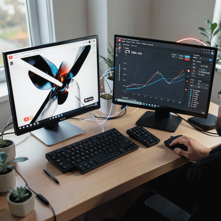 Meja kerja yang menunjukkan integrasi antara desain thumbnail visual dan dashboard data analitik untuk peningkatan performa konten.