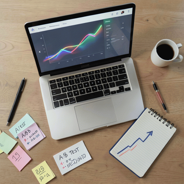 Komposisi flat lay alat kerja yang menunjukkan pengujian A/B dan analisis data kinerja konten, menekankan pengambilan keputusan berbasis data.