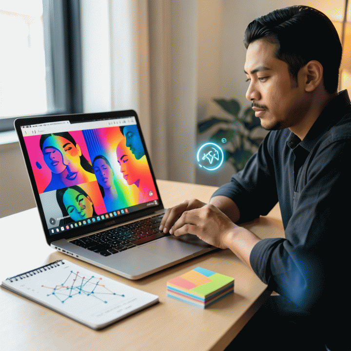 Content creator yang sedang bekerja di meja modern, fokus pada laptop yang menampilkan desain thumbnail YouTube yang menarik, dikelilingi oleh elemen visualisasi data dan alat AI.