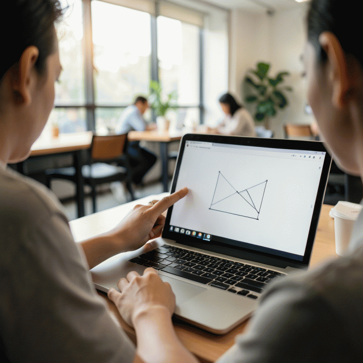 Marketer sedang menganalisis dan menyempurnakan alur landing page di laptop dengan fokus tinggi.