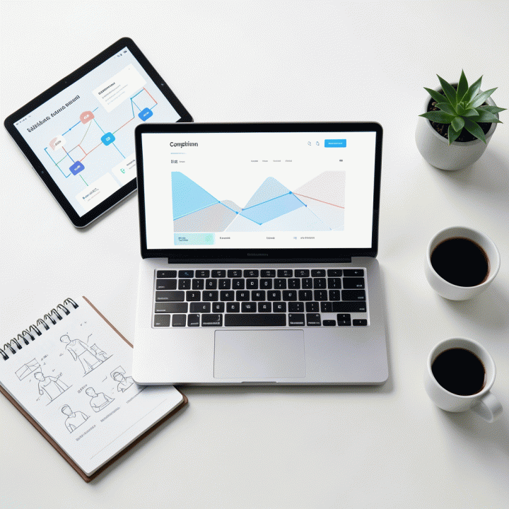 Komposisi flat lay yang modern dan profesional menampilkan laptop dengan antarmuka landing page konversi tinggi, dikelilingi alat-alat UX dan marketing digital.