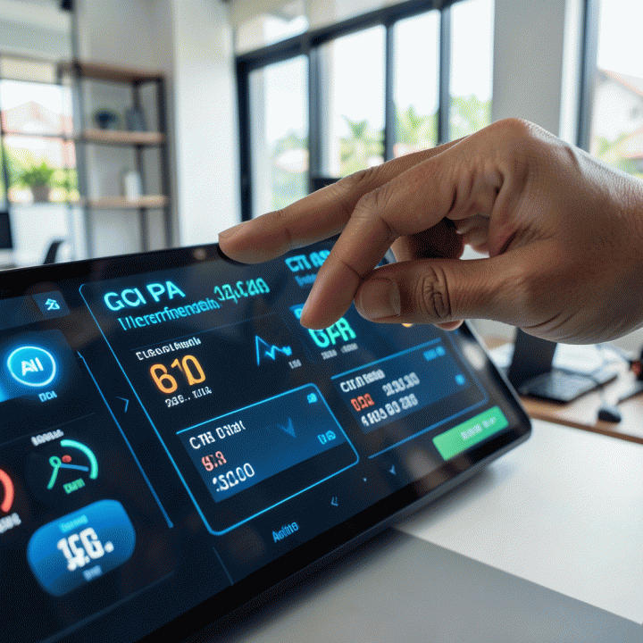 Dashboard AI yang menampilkan metrik kinerja iklan (ROI, CPA, CTR) dengan visualisasi yang mudah dipahami, menunjukkan analisis data otomatis.