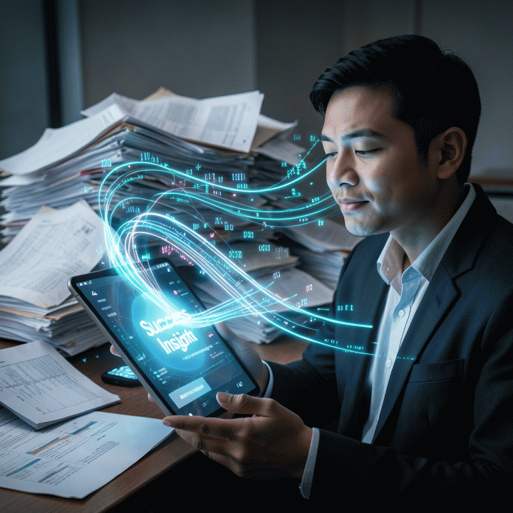 Seorang marketer merasa lega melihat insight akurat di tablet, melambangkan otomatisasi analisis data yang rumit.