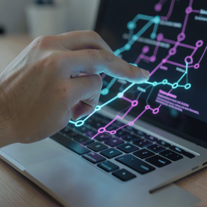 Tangan yang berinteraksi dengan antarmuka AI holografik di atas laptop, melambangkan otomatisasi ide kreatif.