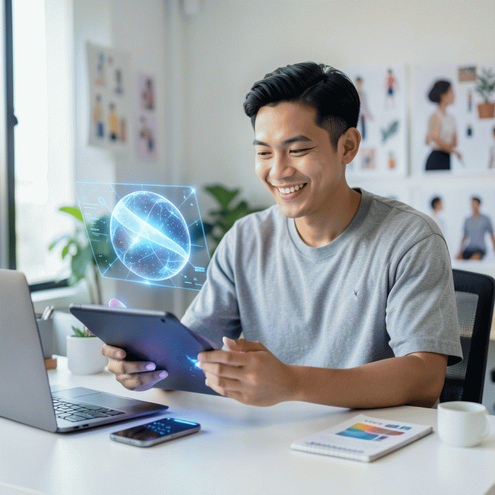 Seorang pemasar afiliasi muda Indonesia yang bekerja dengan percaya diri di meja kerja modern, berinteraksi dengan antarmuka holografik AI yang melambangkan otomatisasi konten marketing.