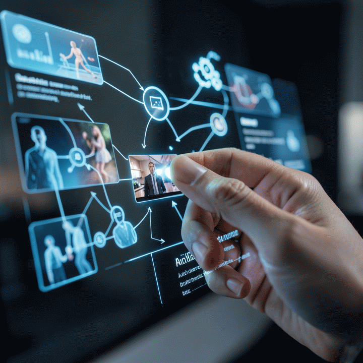 Tangan pengguna berinteraksi dengan antarmuka holografik AI, menunjukkan proses otomatisasi ide dan aset konten marketing.