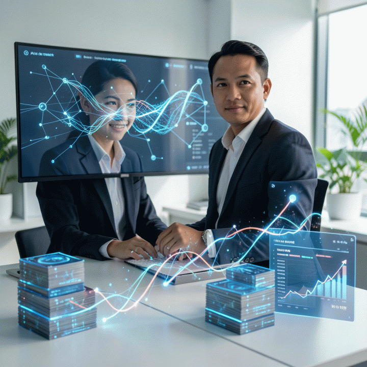 Seorang profesional pemasaran digital Indonesia bekerja di meja modern, dikelilingi visualisasi data AI yang menunjukkan efisiensi waktu dan otomatisasi konten marketing.