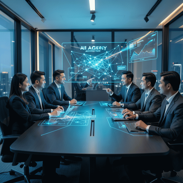 Tim profesional Indonesia berkolaborasi di ruang kerja futuristik, berinteraksi dengan antarmuka holografik yang menampilkan visualisasi otomatisasi konten dan strategi pemasaran berbasis AI.