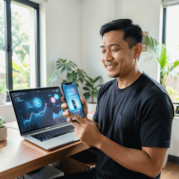 Seorang pemilik UMKM Indonesia yang merasa lega dan bersemangat menggunakan teknologi AI untuk menghasilkan konten pemasaran digital berkualitas tinggi dengan mudah.