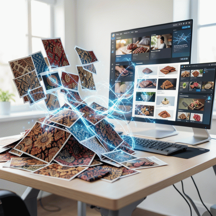 Visualisasi proses transformasi foto produk mentah menjadi variasi konten iklan digital profesional secara otomatis oleh AI.