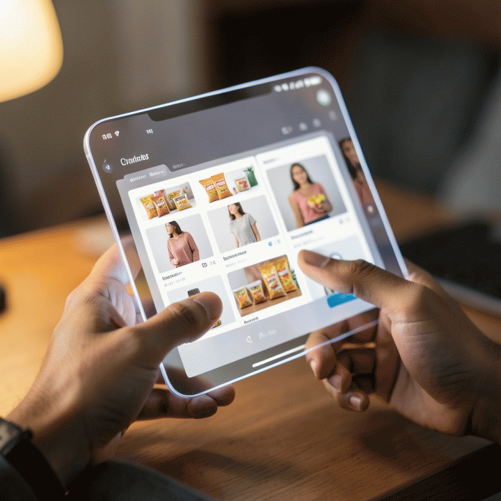 Tangan penjual online Indonesia berinteraksi dengan antarmuka AI digital minimalis yang menampilkan variasi konten iklan produk secara otomatis.