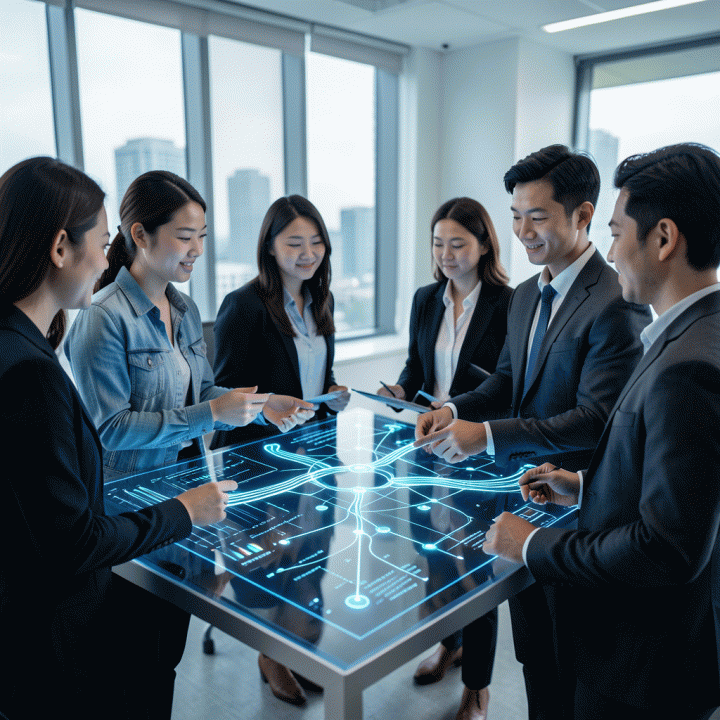 Tim bisnis modern berinteraksi dengan visualisasi data holografik yang menunjukkan aliran lead dan otomatisasi riset pasar.